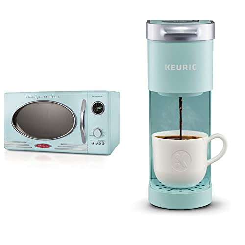  Retro Countertop Microwave Oven, 0.9 Cu. Ft. 800-Watts With LED Digital Display, Child Lock, Cu.Ft, Aqua & Keurig K-Mini Coffee Maker, Single Serve K-Cup Pod Coffee Brewer, 6 To 12 Oz.