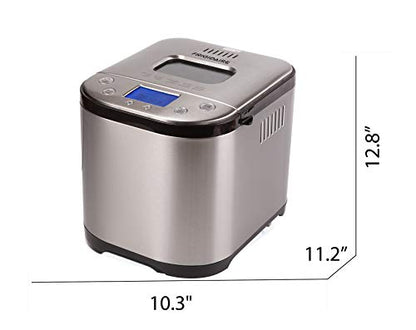  FRIGIDAIRE Bread Maker Machine With Nonstick Bowl, Bread Hook, Measuring Cup & Spoon. 15-in-1, Gluten-Free Bread, Cake& Yogurt, 3 Crust Colour Options And More. 3 Loaf Sizes. 2LB XL- Stainless Steel