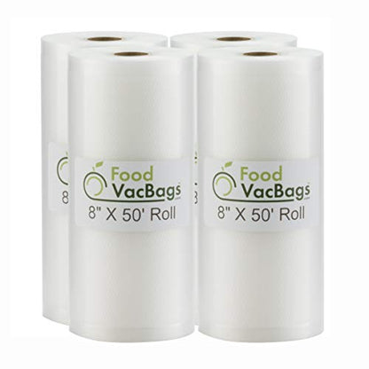  Four FoodVacBags 8" X 50' Commercial Vacuum Sealer Rolls Food Storage Bags Compatible With Foodsaver And Sous Vide Cooking (200 Feet)
