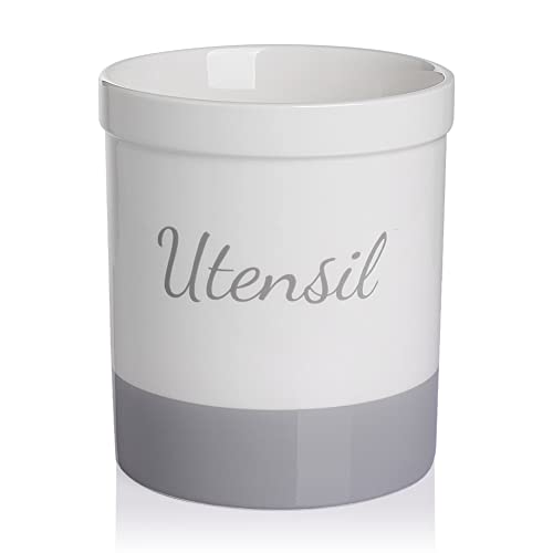  Kitchen Utensil Holder, 7.2" Ceramic Utensil Crock For Cooking Countertop, Housewarming, Wedding, Birthday Gift (Gray)