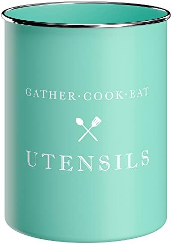  White Utensil Holder For Kitchen Countertop, Farmhouse Metal Utensil Crock, Rustic Country Decorative Kitchen Utensil Caddy Large, 5.5x6.75
