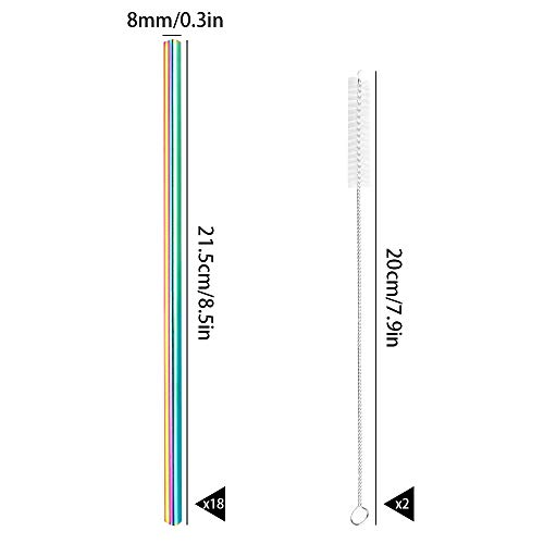  [18 PCS] New Heart Shape Metal Straws 304 Food Grade Stainless Steel, Tomorotec Bulk Reusable Stainless Steel Straw Set With Cleaning Brushes For Tumblers Beverage Drinks Cocktail(Rainbow)