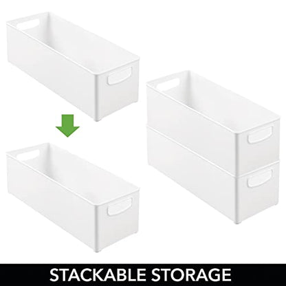  MDesign Plastic Stackable Kitchen Organizer - Storage Bin With Handles For Refrigerator, Freezer, Cabinet, And Pantry Shelves Organization - Food Container - Ligne Collection - 4 Pack - White