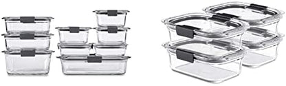 Rubbermaid 8-Piece Brilliance Glass Food Storage Containers With Lids For Lunch, Meal Prep, And Leftovers, Dishwasher And Oven Safe, Clear/Grey