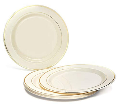  " OCCASIONS " 600 Pcs Set & 120 Guest Wedding Disposable Plastic Plate & Silverware Combo Set (Ivory & Gold Rim Plates, Gold Silverware)