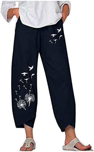  Kingspinner Capri Pants For Women Plus Size Cotton Linen Flowers Printed Pants Pockets Cotton Linen Elastic Waist Trousers