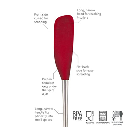 Flex-Core Long-Handled Silicone Jar Scraper Spatula, Stainless Steel Handle, Heat-Resistant Silicone Head With Curved Front For Scooping & Scraping, Dishwasher-Safe & BPA-Free