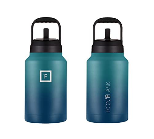  Ports Water Bottle - 128 Oz/One Gallon, 2 Lids, Straw And Spout, Leak Proof, Vacuum Insulated Stainless Steel, Hot Cold, Double Walled, Simple Thermo Mug, Metal Canteen Jug Growler