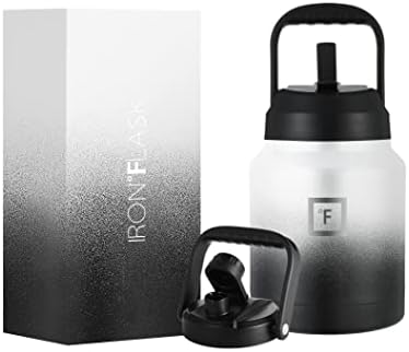  Ports Water Bottle - 128 Oz/One Gallon, 2 Lids, Straw And Spout, Leak Proof, Vacuum Insulated Stainless Steel, Hot Cold, Double Walled, Simple Thermo Mug, Metal Canteen Jug Growler