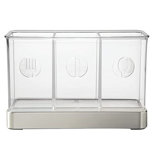  Plastic Cutlery Storage Organizer Caddy Bin For Kitchen Table, Cabinet Or Pantry - Holds Forks, Knives, Spoons, Serving Utensils - Indoor Or Outdoor Use, 3 Sections - Clear/Chrome