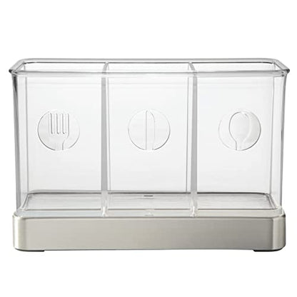  Plastic Cutlery Storage Organizer Caddy Bin For Kitchen Table, Cabinet Or Pantry - Holds Forks, Knives, Spoons, Serving Utensils - Indoor Or Outdoor Use, 3 Sections - Clear/Chrome