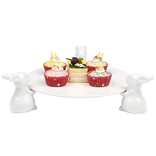  Decorative White Ceramic Cake Stand With Rabbit Design, 16-Inch Dessert Serving Tray