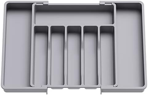  Silverware Drawer Organizer, Expandable Utensil Tray For Kitchen, Adjustable Flatware And Cutlery Holder, Compact Plastic Storage For Spoons Forks Knives, Large, Black