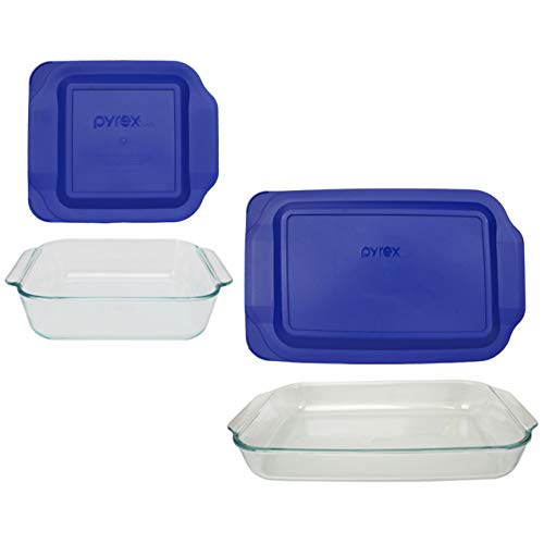  Pyrex Bundle - 4 Items: (1) 222 2qt Glass Dish With (1) 222-PC 2qt Blue Lid & (1) 233 3qt Glass Dish With (1) 233-PC 3qt Blue Lid