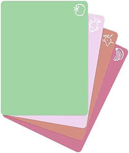  Extra Thick Flexible Plastic Cutting Board Mats With Food Icons & "EZ-Grip" Waffle Back, (Set Of 4) - Chopping Board Set - Textured Waffle Grip Bottom Prevents Slipping On Most Counter Tops