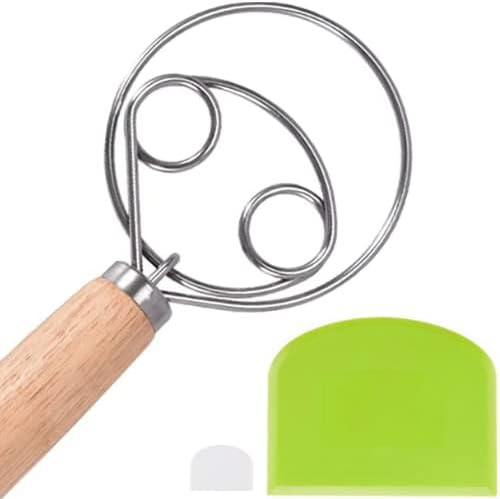  The Original Danish Dough Whisk - 304 Stainless Steel Ring Nonstick Dutch Whisk For Dough - Long Wooden Danish Dough Whisker Bread Mixer Handle Bundle With Flexible Plastic Scraper Cutter