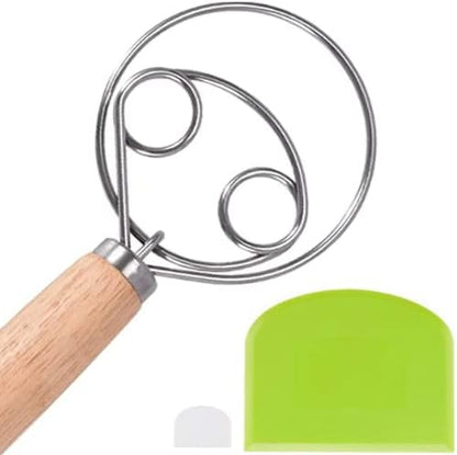  The Original Danish Dough Whisk - 304 Stainless Steel Ring Nonstick Dutch Whisk For Dough - Long Wooden Danish Dough Whisker Bread Mixer Handle Bundle With Flexible Plastic Scraper Cutter