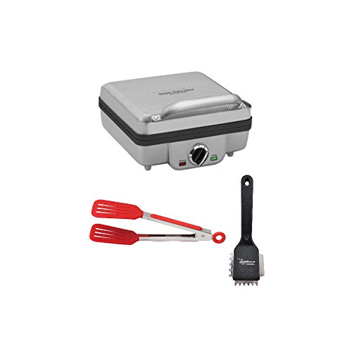 Cuisinart WAF-300P1 4-Slice Belgian Waffle Maker With Pancake Plates, Heavy Duty Small Brush, And 8-Inch Nylon Tongs Bundle (3 Items)