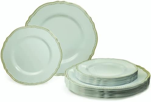  " OCCASIONS " 120 Plates Pack,(60 Guests) Heavyweight Premium Wedding Party Disposable Plastic Plates Set -60 X 10.25'' Dinner + 60 X 7.5'' Salad/Dessert (Rochelle Seafoam/Mint And Gold))