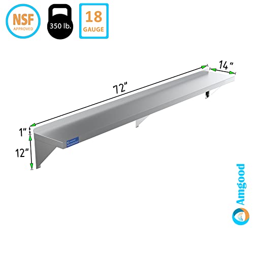  Stainless Steel Wall Shelf | Square Edge | Heavy Duty | Commercial Grade | Wall Mount | NSF Certified (14" Width X 72" Length)