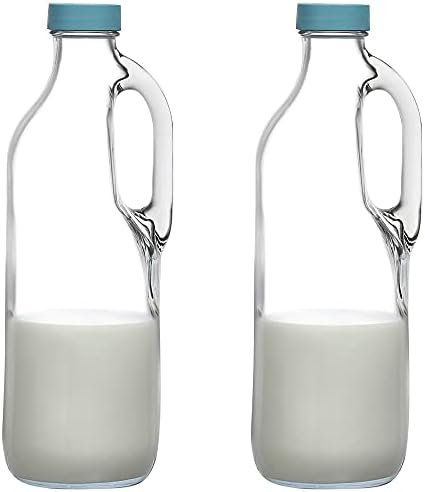  2 Pc 47oz Clear Glass Milk Bottles Glass Pitcher With Handle And Lids - Airtight Milk Container For Refrigerator Jug Water Juice Heavy Milk Bottle Liquid Containers For Kitchen