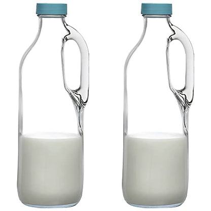  2 Pc 47oz Clear Glass Milk Bottles Glass Pitcher With Handle And Lids - Airtight Milk Container For Refrigerator Jug Water Juice Heavy Milk Bottle Liquid Containers For Kitchen