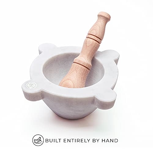  Mortar In White Carrara Marble With Pestle Made In Italy - For Pesto Or Spices - Genovese Model (ø 18 Cm)
