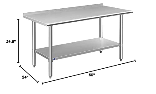 OCKPOINT Stainless Steel Table For Prep & Work With Backsplash 60x24 Inches, NSF Metal Commercial Kitchen Table With Adjustable Under Shelf And Table Foot For Restaurant, Home And Hotel