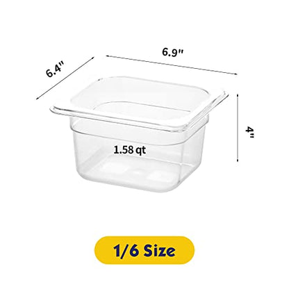 BIEAMA 6 Pack Food Pans With Lids, 1/6 Size 4'' Deep, Polycarbonate, Clear