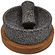  Lava Stone Mortar And Pestle/Molcajete"Chilmamolli" With Wooden Base, Elegant Design, Mexican Molcajete For Guacamole And Sauces (8 Inches)