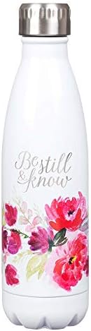  Stainless Steel Double Wall Vacuum Insulated Laser Engraved Water Bottle: Be Still & Know - Ps. 46:10 Inspirational Bible Verse For Hot & Cold Beverages, White/Pink Floral, 17 Oz.