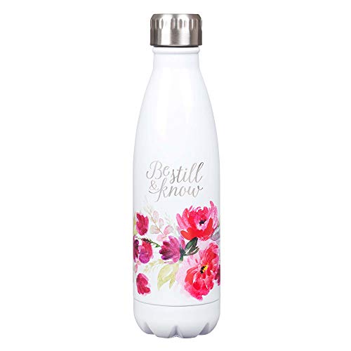  Stainless Steel Double Wall Vacuum Insulated Laser Engraved Water Bottle: Be Still & Know - Ps. 46:10 Inspirational Bible Verse For Hot & Cold Beverages, White/Pink Floral, 17 Oz.