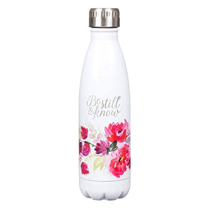  Stainless Steel Double Wall Vacuum Insulated Laser Engraved Water Bottle: Be Still & Know - Ps. 46:10 Inspirational Bible Verse For Hot & Cold Beverages, White/Pink Floral, 17 Oz.