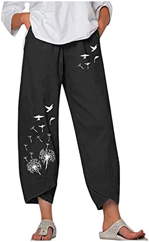  Kingspinner Capri Pants For Women Plus Size Cotton Linen Flowers Printed Pants Pockets Cotton Linen Elastic Waist Trousers