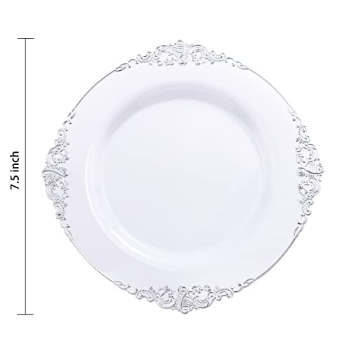  100pcs Silver Plastic Plates & White With Silver Disposable Plates & 7.5inch Silver Disposable Dessert Plates-Perfect For Christmas & Wedding & Party