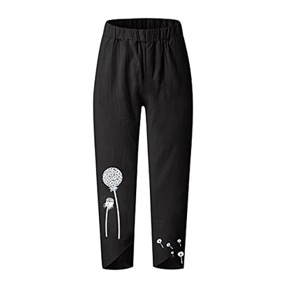  Kingspinner Capri Pants For Women Plus Size Cotton Linen Flowers Printed Pants Pockets Cotton Linen Elastic Waist Trousers