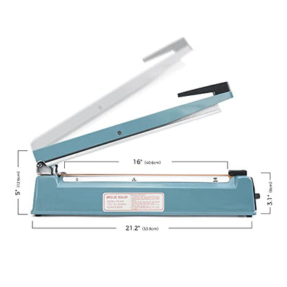  16 Inch Impulse Bag Sealer, Heat Sealer Machine Closer For Cookies, Manual Hot Sealing Machine For Poly Bag & Shrink Wrap With 2 Free Repair Kit (Blue)