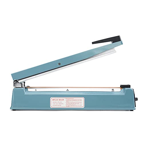  16 Inch Impulse Bag Sealer, Heat Sealer Machine Closer For Cookies, Manual Hot Sealing Machine For Poly Bag & Shrink Wrap With 2 Free Repair Kit (Blue)