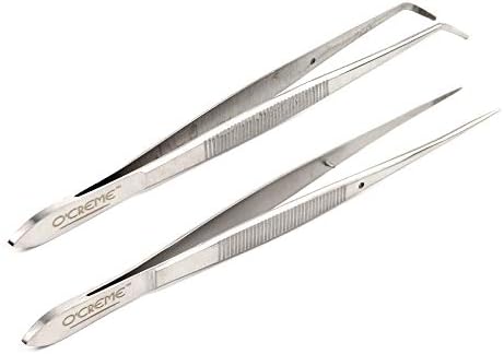  Reme Blue Stainless Steel Precision Kitchen Culinary Fine-Tip Tweezer Tongs, 1 With Curved Tip And 1 With Straight Tip