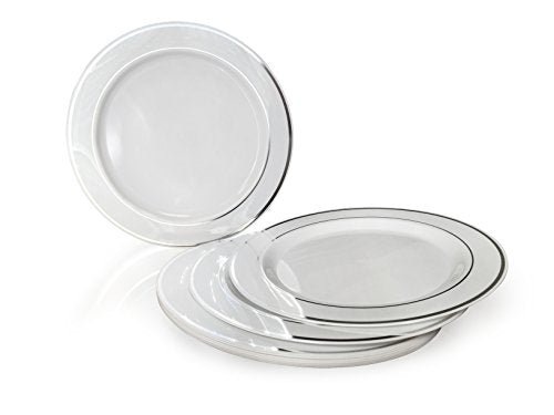  " OCCASIONS " 600 Pcs Set & 120 Guest Wedding Disposable Plastic Plate & Silverware Combo Set (White & Silver Rim Plates, Silver Silverware)