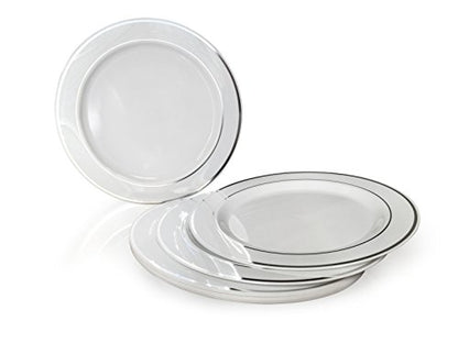  " OCCASIONS " 600 Pcs Set & 120 Guest Wedding Disposable Plastic Plate & Silverware Combo Set (White & Silver Rim Plates, Silver Silverware)