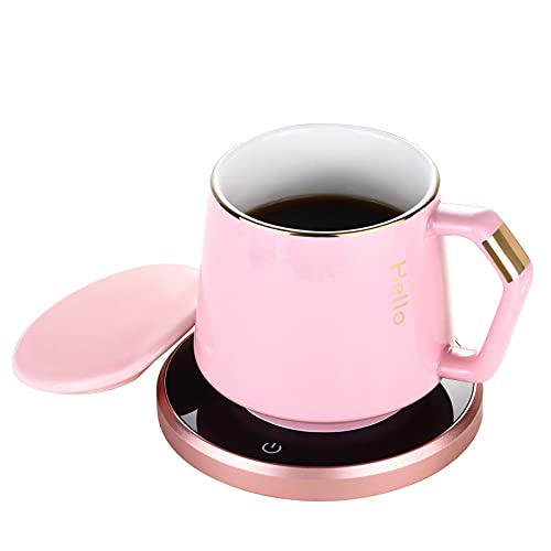  Coffee Mug Warmer & Mug Set, KRGMNHR Smart Coffee Warmer For Desk With Auto Shut Off, Infrared Sensor Technology For Double Safety, Ideal For Gift, Coffee, Tea, Hot Cocoa, Rose Gold Set