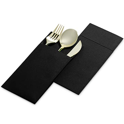  Disposable Linen-Feel Dinner Napkins With Built-in Flatware Pocket, 50-Pack BLACK Prefolded Cloth Like Paper Napkins For Dinner, Wedding Or Party