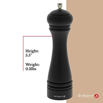 De Buyer JAVA Salt Mill, Matte Black - 8.25” - Stainless Steel & Beechwood - Includes Knob To Adjust Grind Size - Corrosion Resistant - Made In France