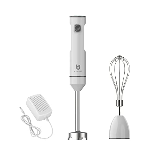  Cordless Hand Blender, UTALENT Variable Speed Immersion Blender Handheld Rechargeable, With Fast Charger, Egg Whisk, For Smoothies, Milkshakes, Hummus And Soups – White