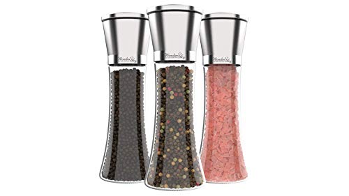  Alt And Pepper Grinder Set Of 3 - Salt And Pepper Shakers, Adjustable Ceramic Sea Salt Grinder & Pepper Grinder - Tall Glass Salt And Pepper Shakers - Pepper Mill & Salt Mill
