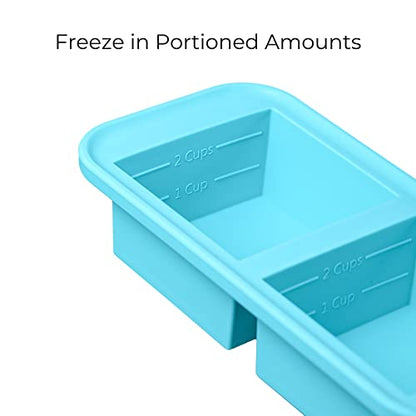  2-Cup Extra-Large Silicone Freezer Tray With Lid- 2 Pack - Makes 4 Perfect 2 Cup Portions - Freeze Soup, Stew, Sauce, Or Meals (2 Cup Tray, Aqua Color, Pack Of 2, With Lids)