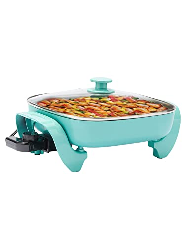  Electric Skillet Ceramic Nonstick 5QT - 12" Square With Glass Lid, Adjustable Temperature Control, Dishwasher Safe, Turquoise, Nozaya