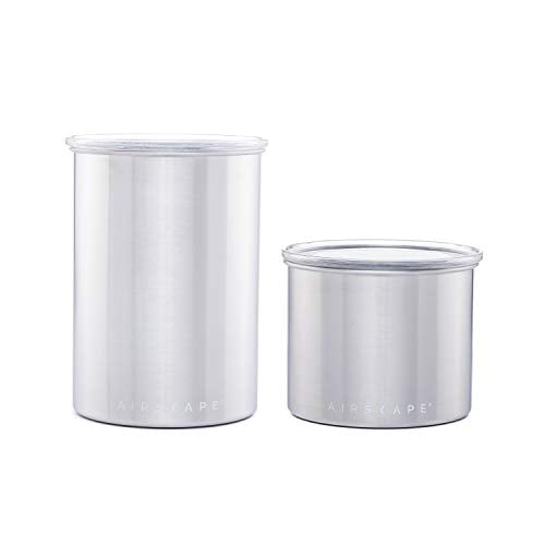  Airscape Stainless Steel Coffee Canister - Set Of 2 - Food Storage Container - Patented Airtight Lid Pushes Out Excess Air - Preserve Food Freshness (Small & Medium, Brushed Steel)