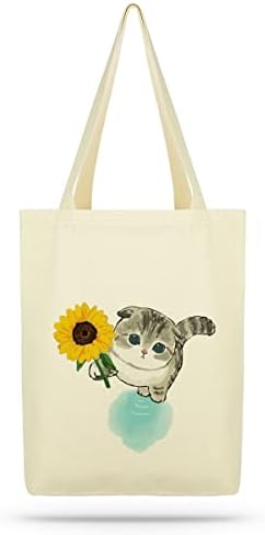  ÇINAR BEZ ÇANTA A.Ş. Eco Tote Bag, Canvas Tote Bag For Women With Cat Print, Zippered Inner Pocket, The Tote Bag